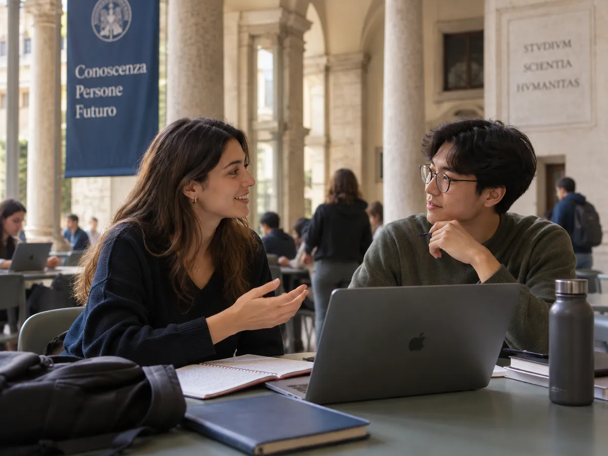 Two students sitting at a table under the arcade of an Italian university, talking to each other in front of a laptop and open notebooks.