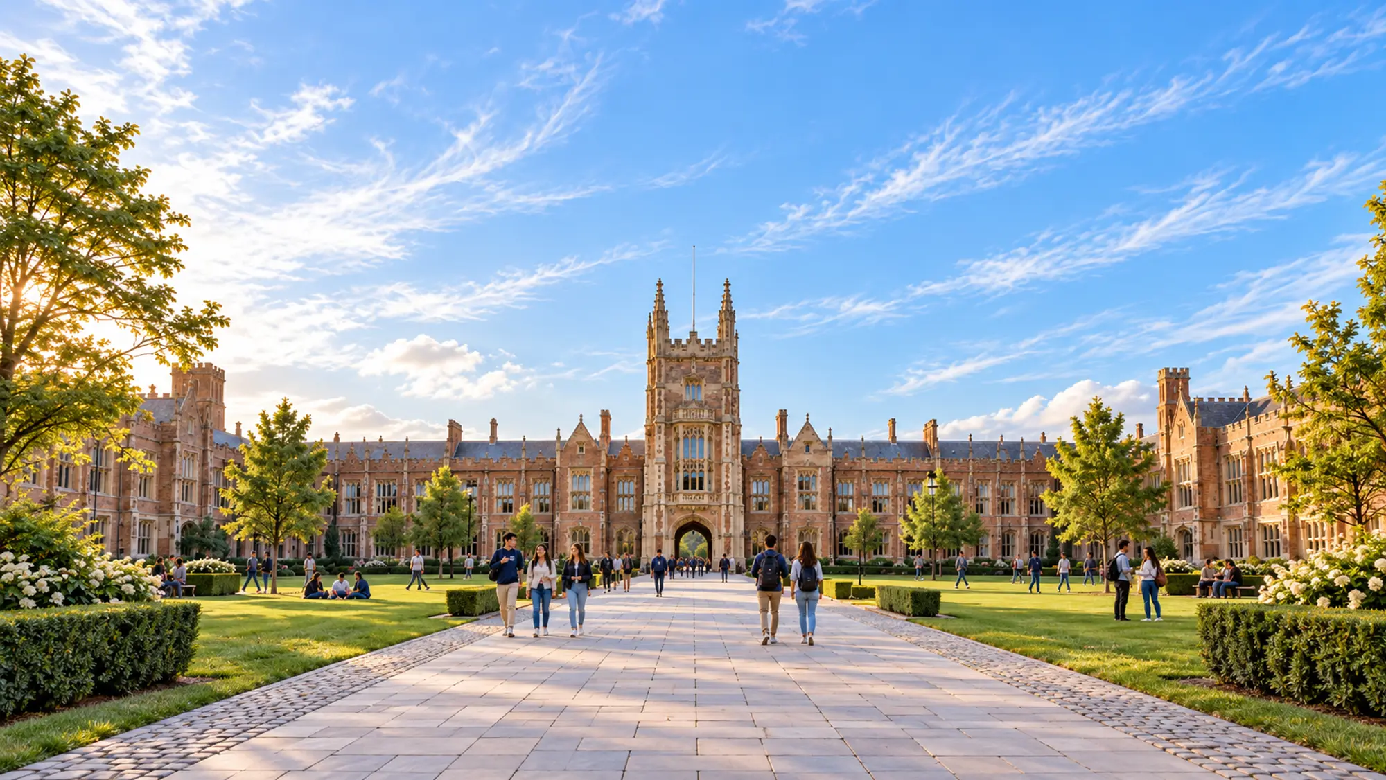 Wide stone courtyard of a historic Gothic-revival university, with manicured lawns, trees and a few students with backpacks walking toward the entrance under a clear sky.